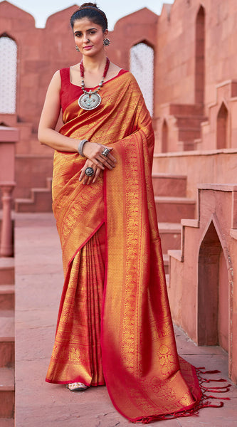 Assemblage Red Kanjivaram Silk Saree With Diaphanous Blouse Piece