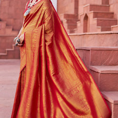 Assemblage Red Kanjivaram Silk Saree With Diaphanous Blouse Piece