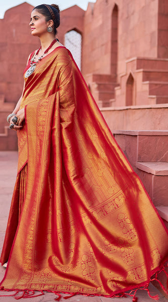 Assemblage Red Kanjivaram Silk Saree With Diaphanous Blouse Piece