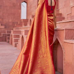 Assemblage Red Kanjivaram Silk Saree With Diaphanous Blouse Piece