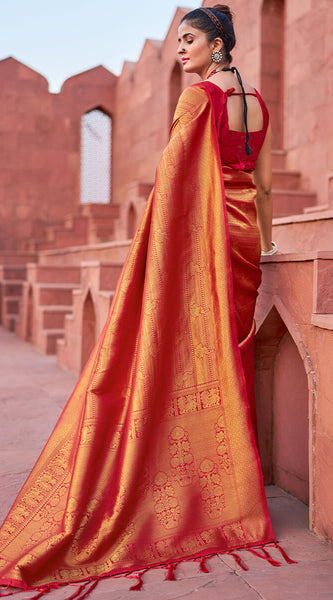 Assemblage Red Kanjivaram Silk Saree With Diaphanous Blouse Piece