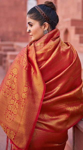Assemblage Red Kanjivaram Silk Saree With Diaphanous Blouse Piece