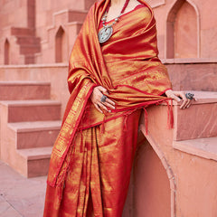 Assemblage Red Kanjivaram Silk Saree With Diaphanous Blouse Piece