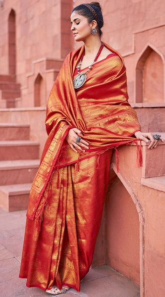 Assemblage Red Kanjivaram Silk Saree With Diaphanous Blouse Piece