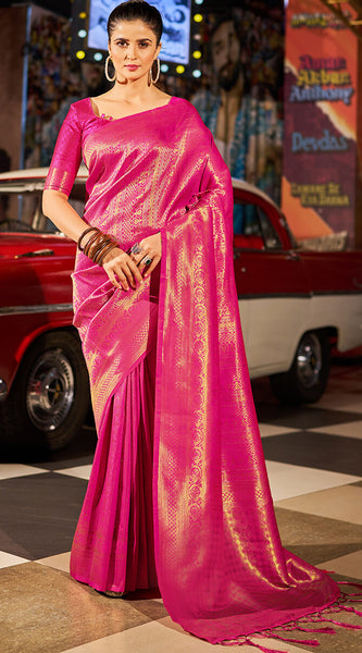 Phenomenal Dark Pink Kanjivaram Silk Saree With Prominent Blouse Piece