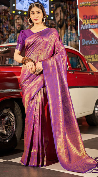 Fairytale Purple Kanjivaram Silk Saree With Assemblage Blouse Piece