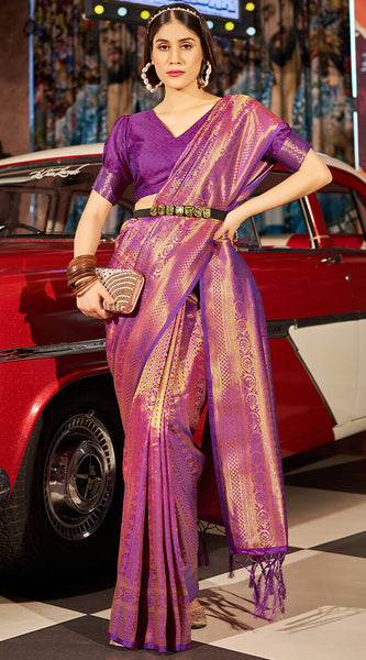Fairytale Purple Kanjivaram Silk Saree With Assemblage Blouse Piece