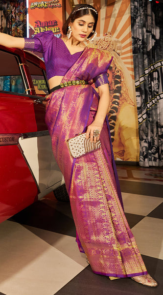 Fairytale Purple Kanjivaram Silk Saree With Assemblage Blouse Piece