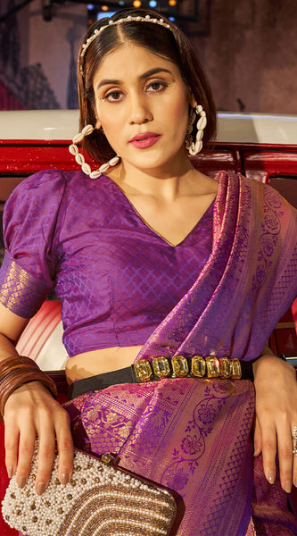 Fairytale Purple Kanjivaram Silk Saree With Assemblage Blouse Piece