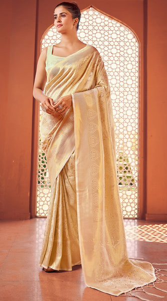 Extraordinary Beige Kanjivaram Silk Saree With Girlish Blouse Piece