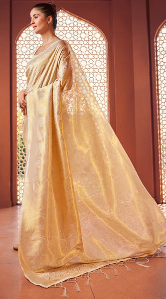 Extraordinary Beige Kanjivaram Silk Saree With Girlish Blouse Piece