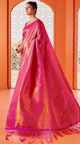 Blissful Dark Pink Kanjivaram Silk Saree With Fancifull Blouse Piece