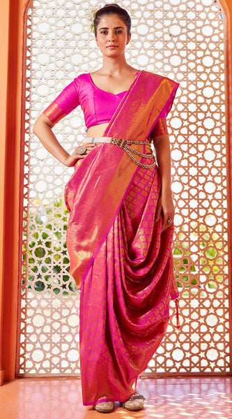 Blissful Dark Pink Kanjivaram Silk Saree With Fancifull Blouse Piece