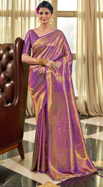 Enticing Purple Kanjivaram Silk Saree With Beleaguer Blouse Piece