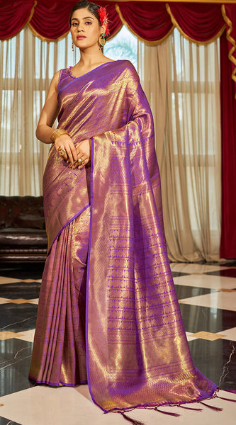 Enticing Purple Kanjivaram Silk Saree With Beleaguer Blouse Piece
