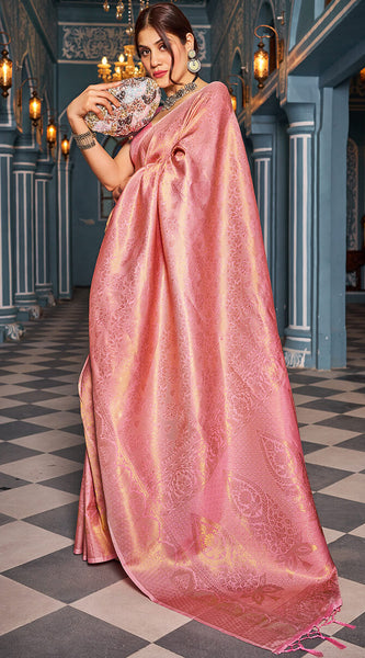 Extraordinary Baby Pink Kanjivaram Silk Saree With Flattering Blouse Piece