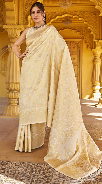Skinny Beige Kanjivaram Silk Saree With Beautiful  Blouse Piece