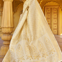 Skinny Beige Kanjivaram Silk Saree With Beautiful  Blouse Piece