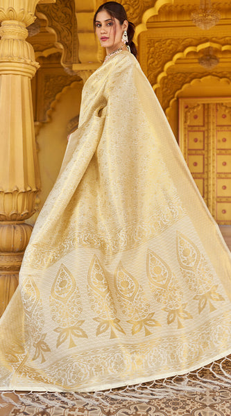 Skinny Beige Kanjivaram Silk Saree With Beautiful  Blouse Piece