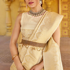 Skinny Beige Kanjivaram Silk Saree With Beautiful  Blouse Piece