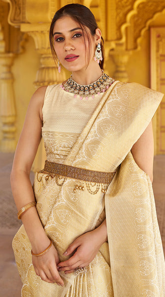 Skinny Beige Kanjivaram Silk Saree With Beautiful  Blouse Piece