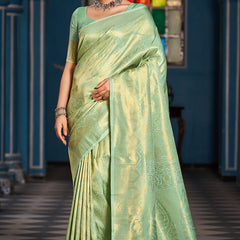 Inspiring Pista Kanjivaram Silk Saree With Traditional Blouse Piece