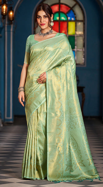 Inspiring Pista Kanjivaram Silk Saree With Traditional Blouse Piece