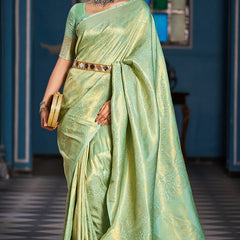 Inspiring Pista Kanjivaram Silk Saree With Traditional Blouse Piece