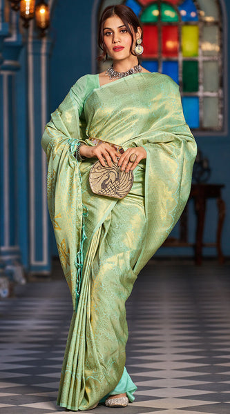 Inspiring Pista Kanjivaram Silk Saree With Traditional Blouse Piece