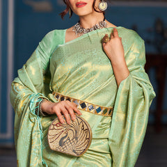 Inspiring Pista Kanjivaram Silk Saree With Traditional Blouse Piece