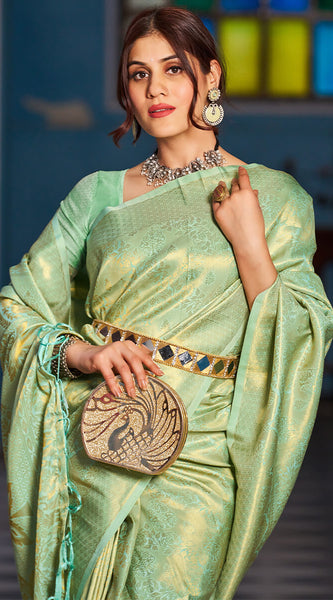 Inspiring Pista Kanjivaram Silk Saree With Traditional Blouse Piece