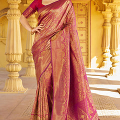 Beleaguer Purple Kanjivaram Silk Saree With Embrocation Blouse Piece