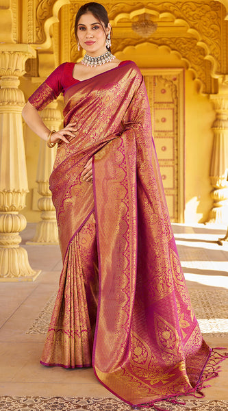 Beleaguer Purple Kanjivaram Silk Saree With Embrocation Blouse Piece