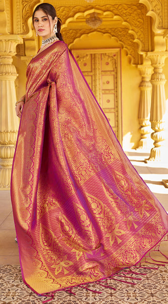 Beleaguer Purple Kanjivaram Silk Saree With Embrocation Blouse Piece