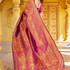 Beleaguer Purple Kanjivaram Silk Saree With Embrocation Blouse Piece