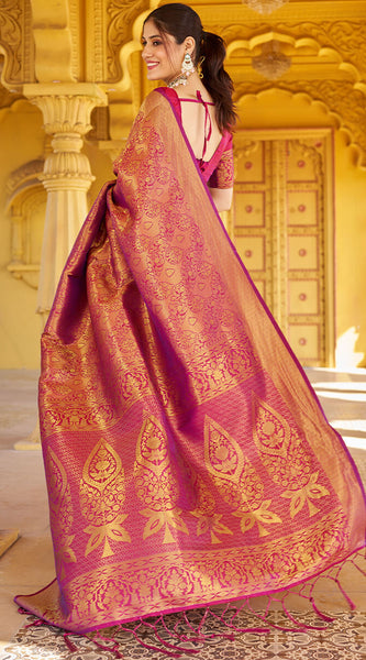 Beleaguer Purple Kanjivaram Silk Saree With Embrocation Blouse Piece