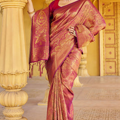 Beleaguer Purple Kanjivaram Silk Saree With Embrocation Blouse Piece