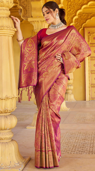 Beleaguer Purple Kanjivaram Silk Saree With Embrocation Blouse Piece