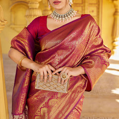 Beleaguer Purple Kanjivaram Silk Saree With Embrocation Blouse Piece