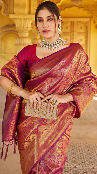 Beleaguer Purple Kanjivaram Silk Saree With Embrocation Blouse Piece