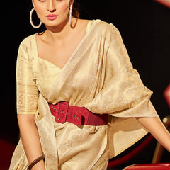 Sempiternal Beige Kanjivaram Silk Saree With Imbrication Blouse Piece