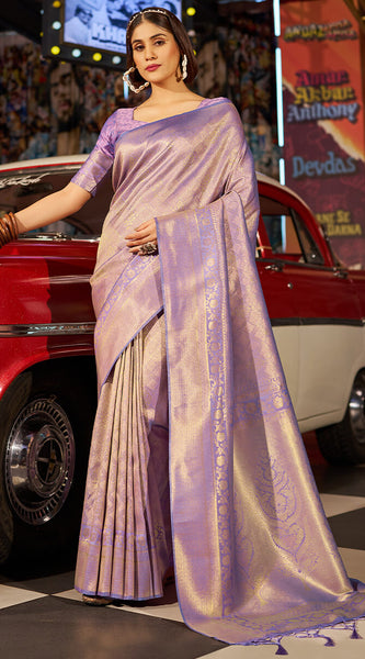Mesmeric Lavender Kanjivaram Silk Saree With Breathtaking Blouse Piece