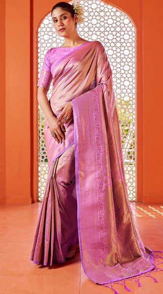 Glowing Pink Kanjivaram Silk Saree With Alluring Blouse Piece