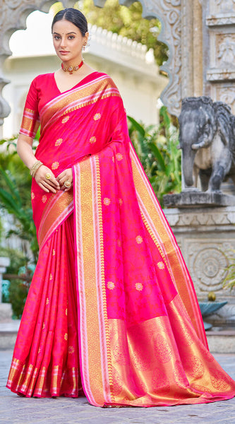 Attractive Dark Pink Kanjivaram Silk Saree With Ideal Blouse Piece