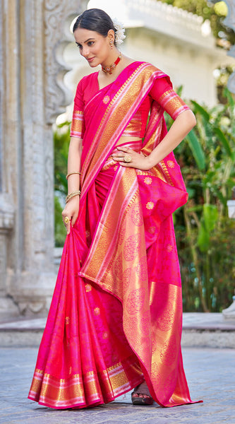 Attractive Dark Pink Kanjivaram Silk Saree With Ideal Blouse Piece