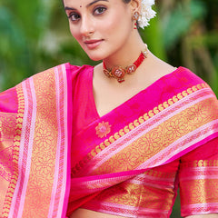 Attractive Dark Pink Kanjivaram Silk Saree With Ideal Blouse Piece