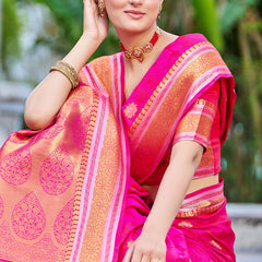 Attractive Dark Pink Kanjivaram Silk Saree With Ideal Blouse Piece
