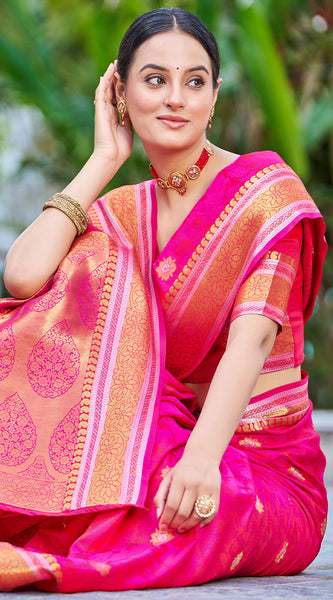 Attractive Dark Pink Kanjivaram Silk Saree With Ideal Blouse Piece