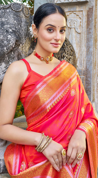 Stylish Pink Kanjivaram Silk Saree With Chatoyant Blouse Piece
