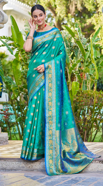 Arresting Rama Kanjivaram Silk Saree With Palimpsest Blouse Piece